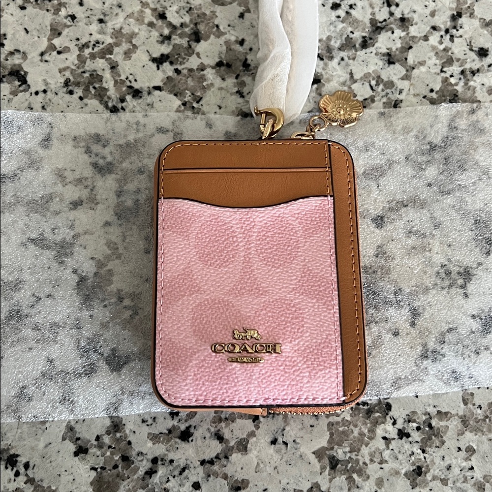Coach Zip Card Case In Signature Canvas With Charm -Powder Pink NWT